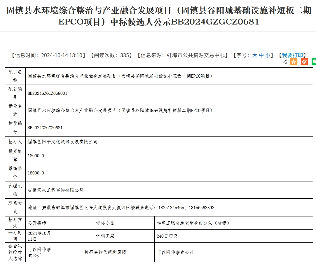 1.8億！安徽固鎮(zhèn)縣水環(huán)境綜合整治與產(chǎn)業(yè)融合發(fā)展項目二期EPCO項目開標(biāo)