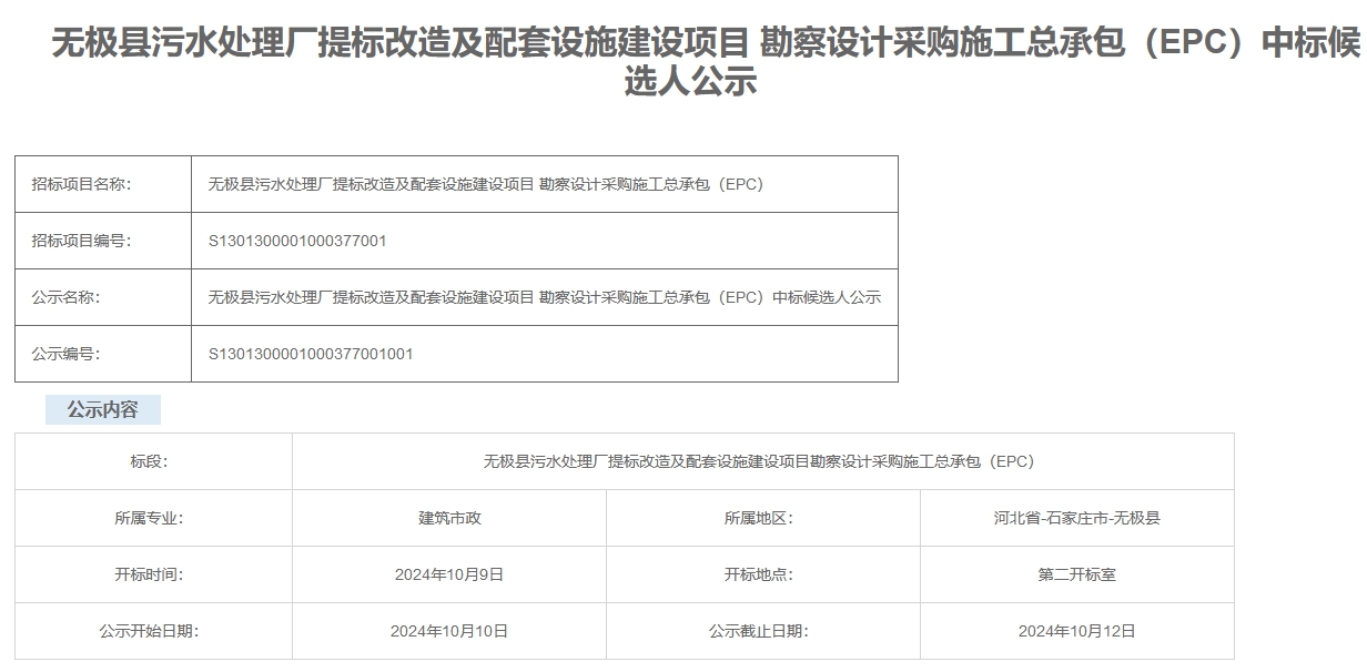 限價1.06億！河北無極污水處理廠提標改造及配套設施建設項目EPC開標