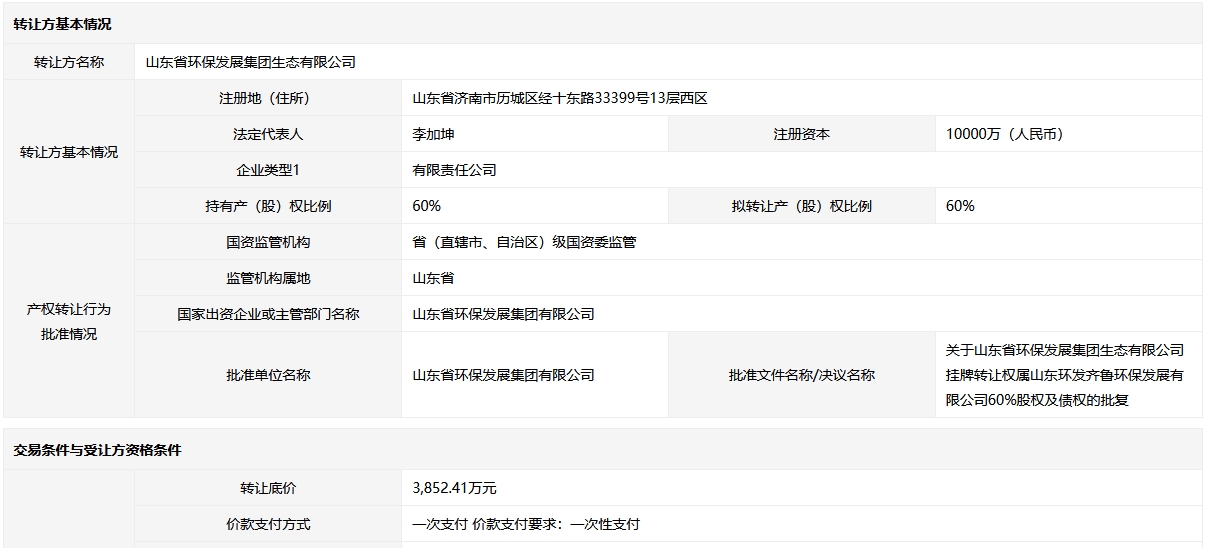 山東環(huán)發(fā)齊魯環(huán)保發(fā)展60%國有股權(quán)掛牌轉(zhuǎn)讓